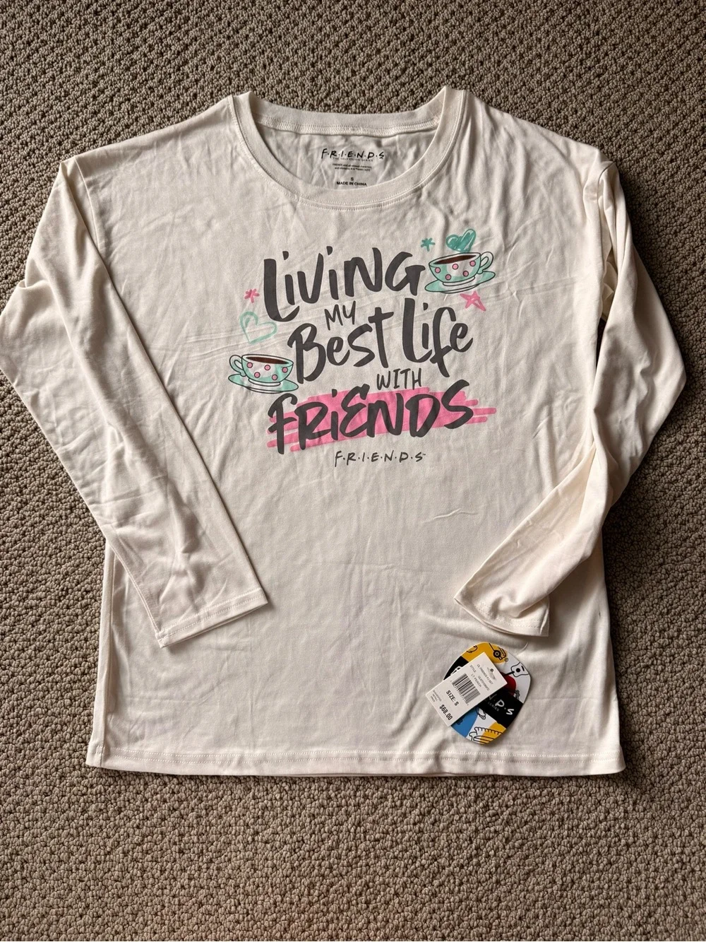 FRIENDS Women’s FRIENDS Cream Long-Sleeve Pajama Set with Pink & Teal Accents